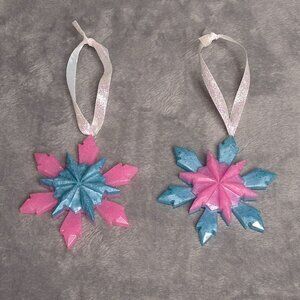 Handmade Snowflake Ornaments 4 in Pink & Blue Resin Glitter Ribbon Hangers